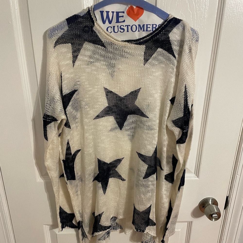 Show me your Mumu white and blue star pattern knit sweater